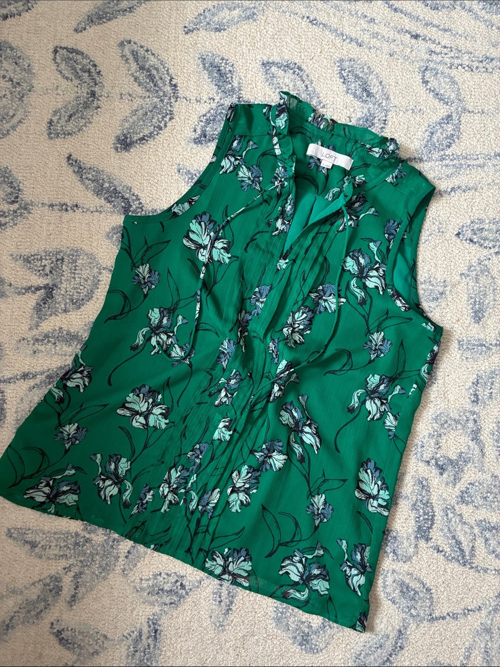 LOFT Emerald Green Floral Ruffle Neck Sleeveless Top
